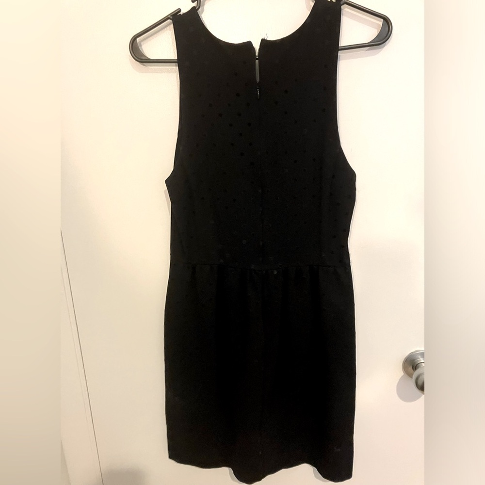 Navy blue lightly polka dotted JCrew dress.